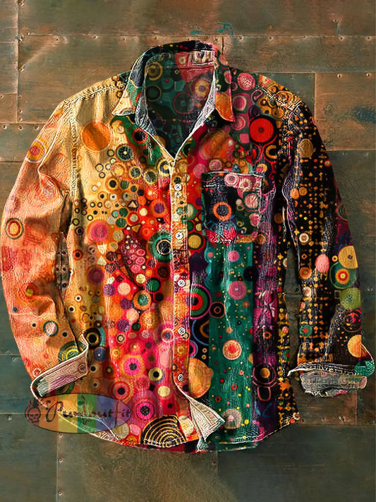 Unisex Vintage Rainbow Color Dot Art Print Cotton Lapel Pocket Long Sleeve Shirt Colorful / S