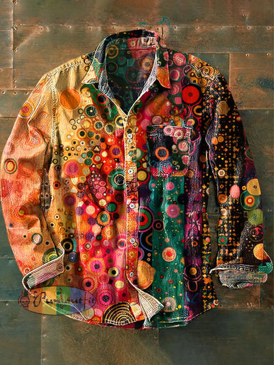 Unisex Vintage Rainbow Color Dot Art Print Cotton Lapel Pocket Long Sleeve Shirt Colorful / S
