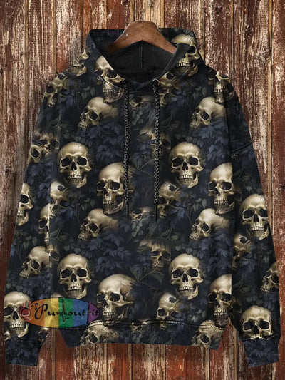 Unisex Vintage Skulls Halloween Print Casual Hooded Sweatshirt Black / S