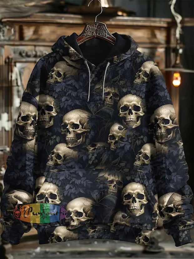 Unisex Vintage Skulls Halloween Print Hooded Sweatshirt With Pocket Black / S