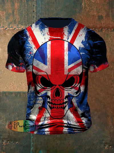 Unisex Vintage UK Flag Skull Graffiti Abstract Print Casual Cotton Short Sleeve T-Shirt As picture / S