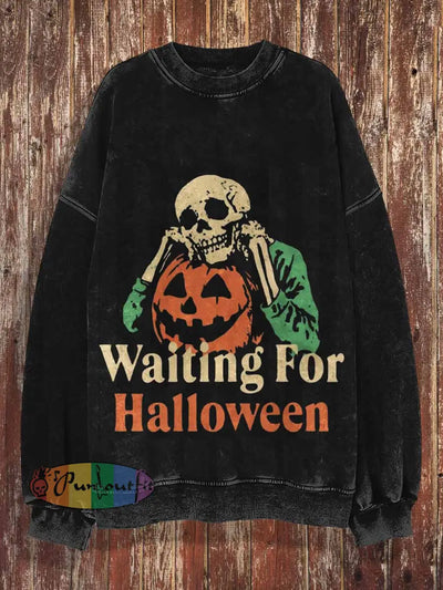 Unisex Waiting For Halloween Print Crew Neck Casual Sweatshirt Black / S