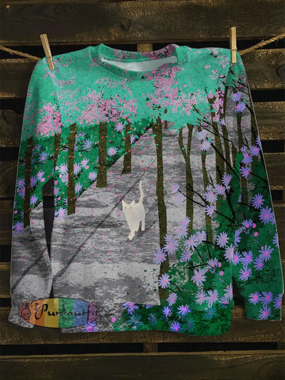 Unisex Walking Cat Print Long Sleeve Sweatshirt Green-Gray / S