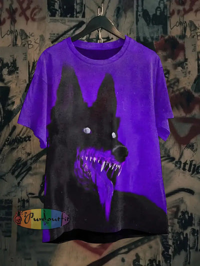 Unisex Wolf Dog Art Illustration Print Casual Cotton Short Sleeve T-Shirt Purple / S