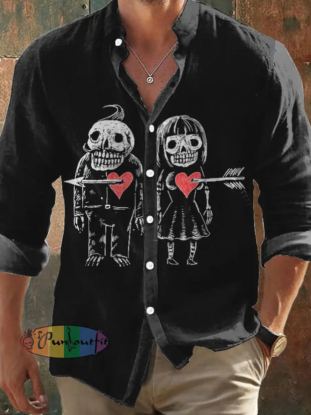 Valentine Skeleton Couplel Print Casual Shirt Long Sleeve Black / S