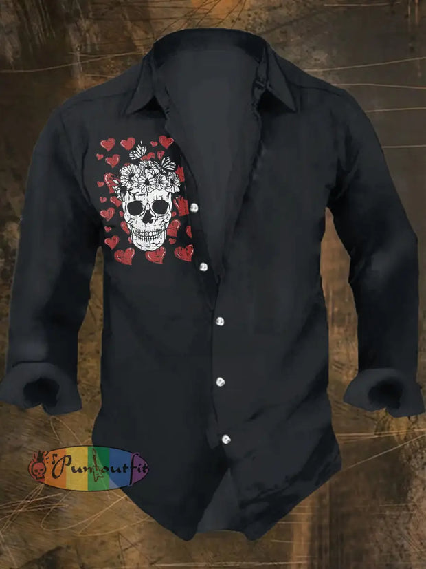 Valentine Skull Print Casual Shirt Long Sleeve Black / S