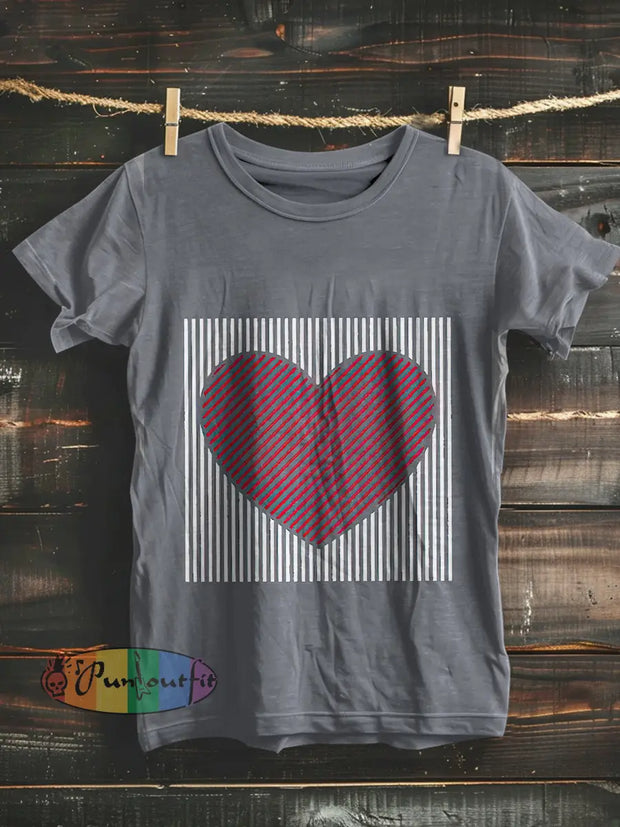 Valentine’s Heart Print Casual Short Sleeves T-Shirt Gray / S