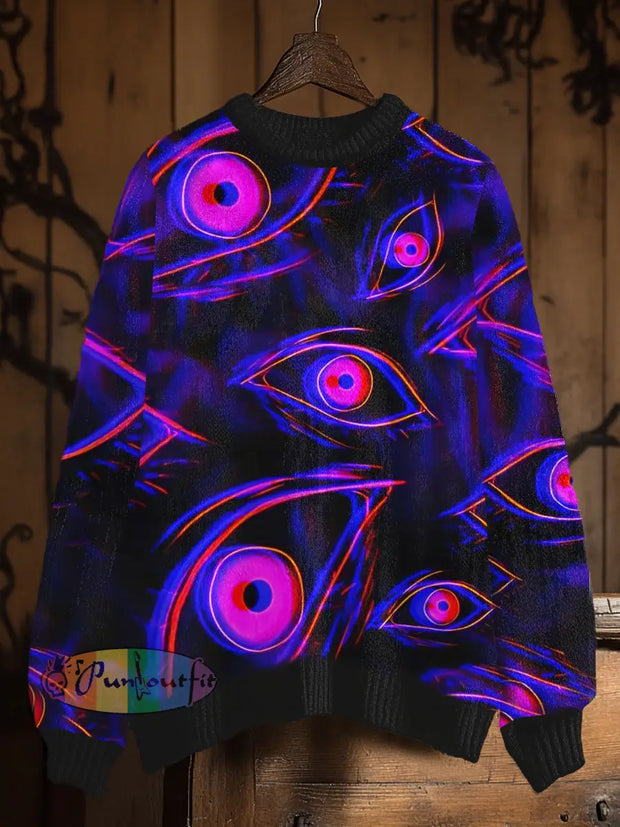 Vintage 3D Magic Eyes Art Print Casual Knit Pullover Sweater Purple / S