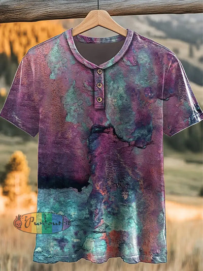 Vintage Abstract Aged Cracked Colourful Print Casual Button Henry Neck T-Shirt Purple / S
