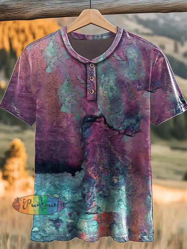 Vintage Abstract Aged Cracked Colourful Print Casual Button Henry Neck T-Shirt Purple / S