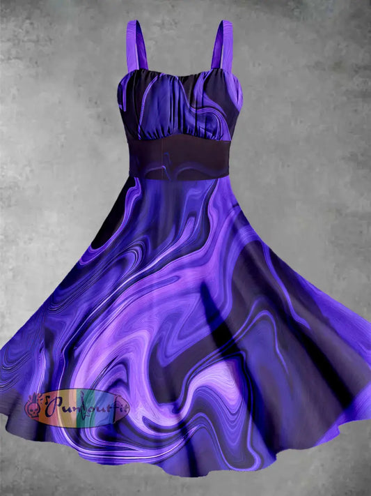 Vintage Abstract Aurora Halloween Print Daily Sleeveless Dress Colorful / S