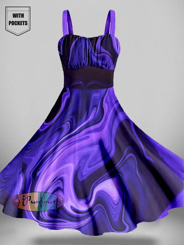 Vintage Abstract Aurora Halloween Print Daily Sleeveless Dress With Pockets Colorful / S
