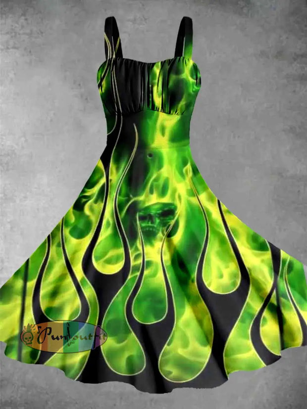 Vintage Abstract Fire Halloween Print Sleeveless Midi Dress Green / S