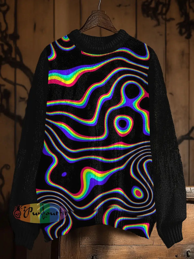 Vintage Abstract Lines Art Print Casual Knit Pullover Sweater Black / S