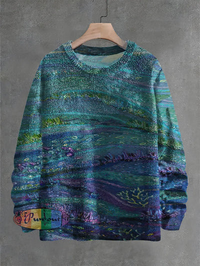 Vintage Abstract Water Pattern Print Casual Knit Pullover Sweater Blue / S