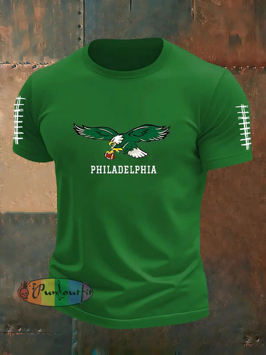 Vintage American Football Philadelphia Eagles Print Casual Cotton Short Sleeve T-Shirt Green / S