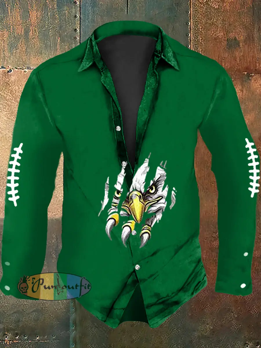 Vintage American Football Philadelphia Eagles Print Casual Long Sleeve Shirt Green / S