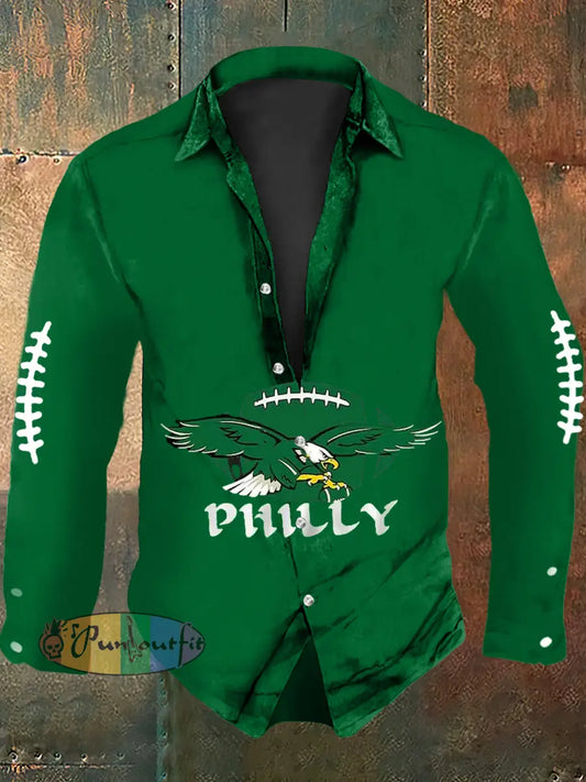 Vintage American Football Philadelphia Eagles Print Casual Long Sleeve Shirt Green / S