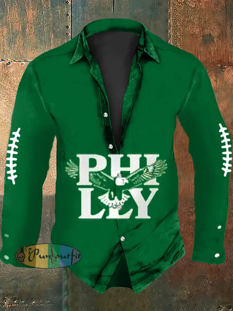 Vintage American Football Philadelphia Eagles Print Casual Long Sleeve Shirt Green / S