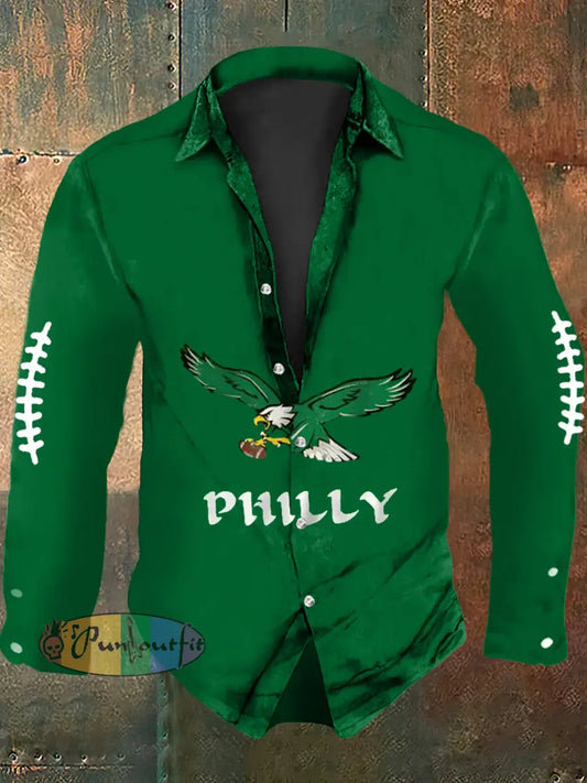 Vintage American Football Philadelphia Eagles Print Casual Long Sleeve Shirt Green / S