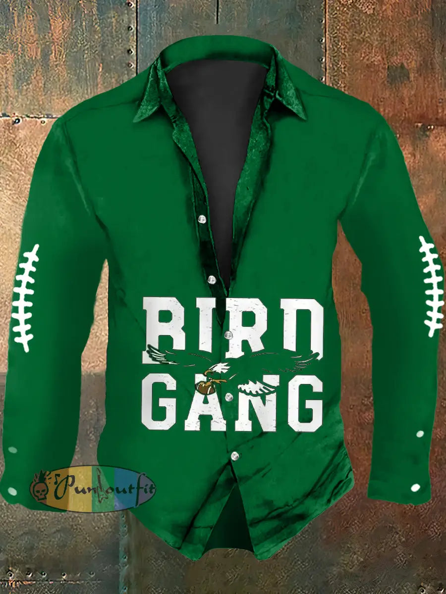 Vintage American Football Philadelphia Eagles Print Casual Long Sleeve Shirt Green / S