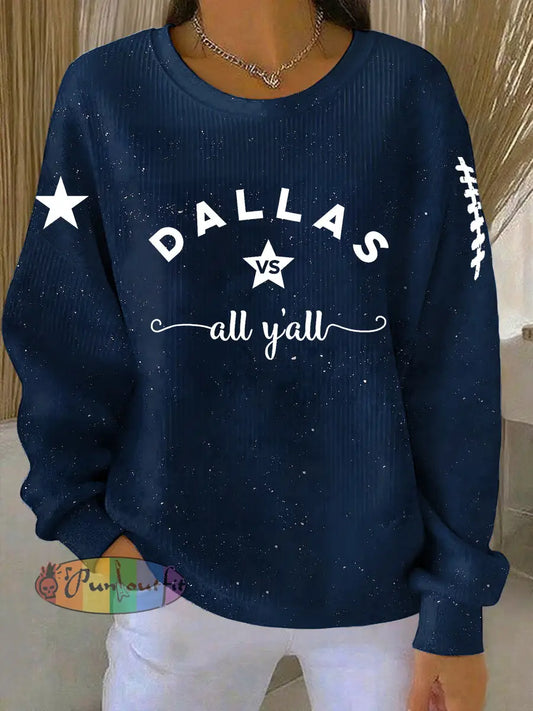 Vintage American Football Printed Casual Loose Long Sleeve Top Navy Blue / S