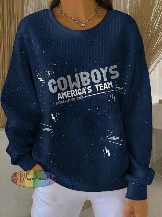 Vintage American Football Printed Casual Loose Long Sleeve Top Navy Blue / S