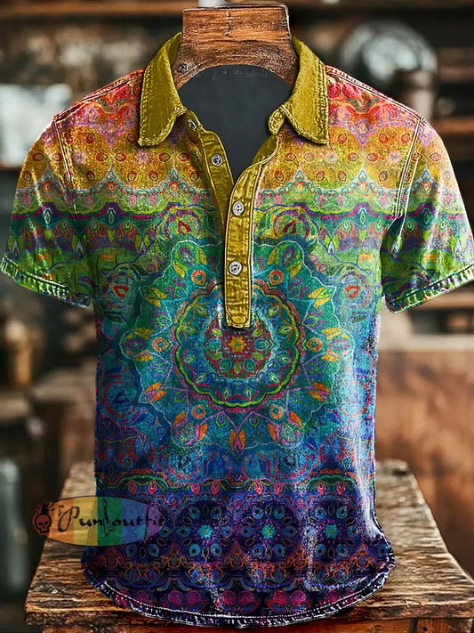 Vintage Art Abstract Colorful Floral Print Casual Polo Shirt As picture / S