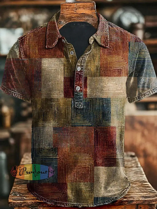 Vintage Art Geometric Patchwork Printed Casual Short Sleeve Polo Shirt As picture / S