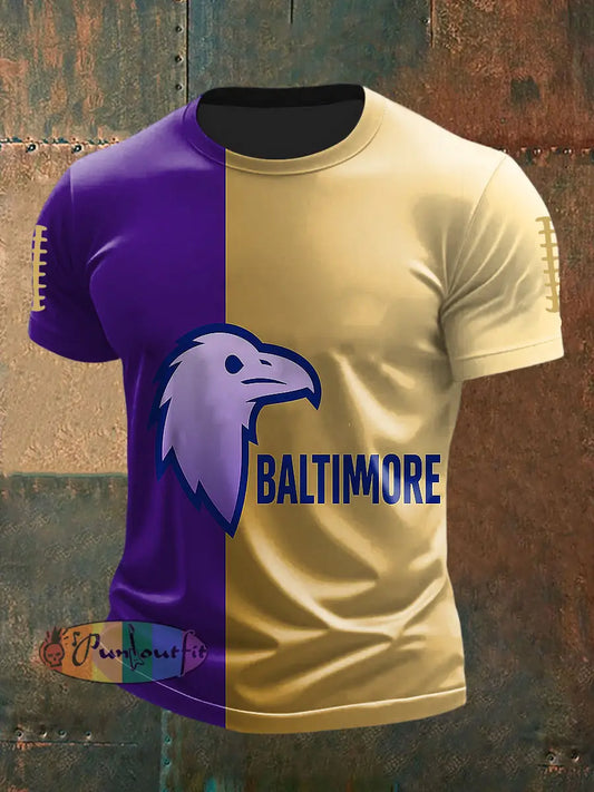 Vintage Baltimore Ravens Football Color Block Print Casual Cotton Short Sleeve T Shirt Purple / S