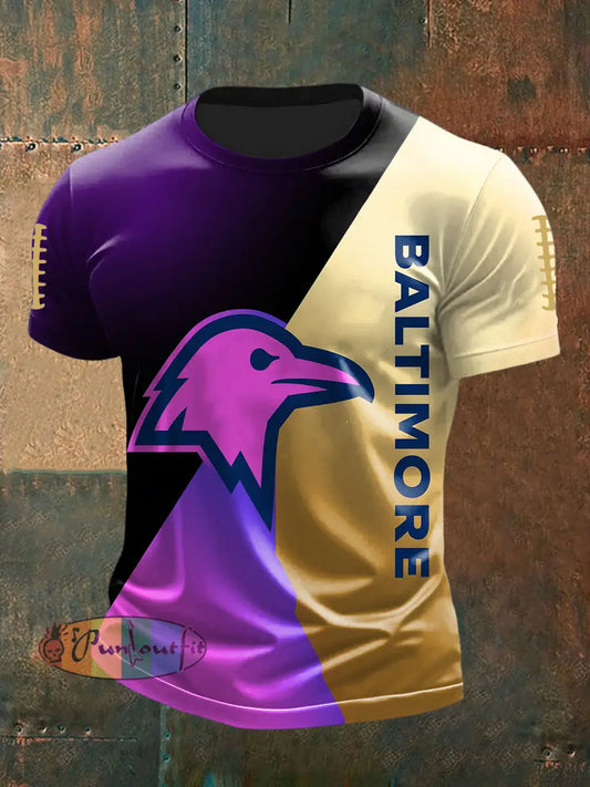 Vintage Baltimore Ravens Football Color Block Print Casual Cotton Short Sleeve T Shirt Purple / S