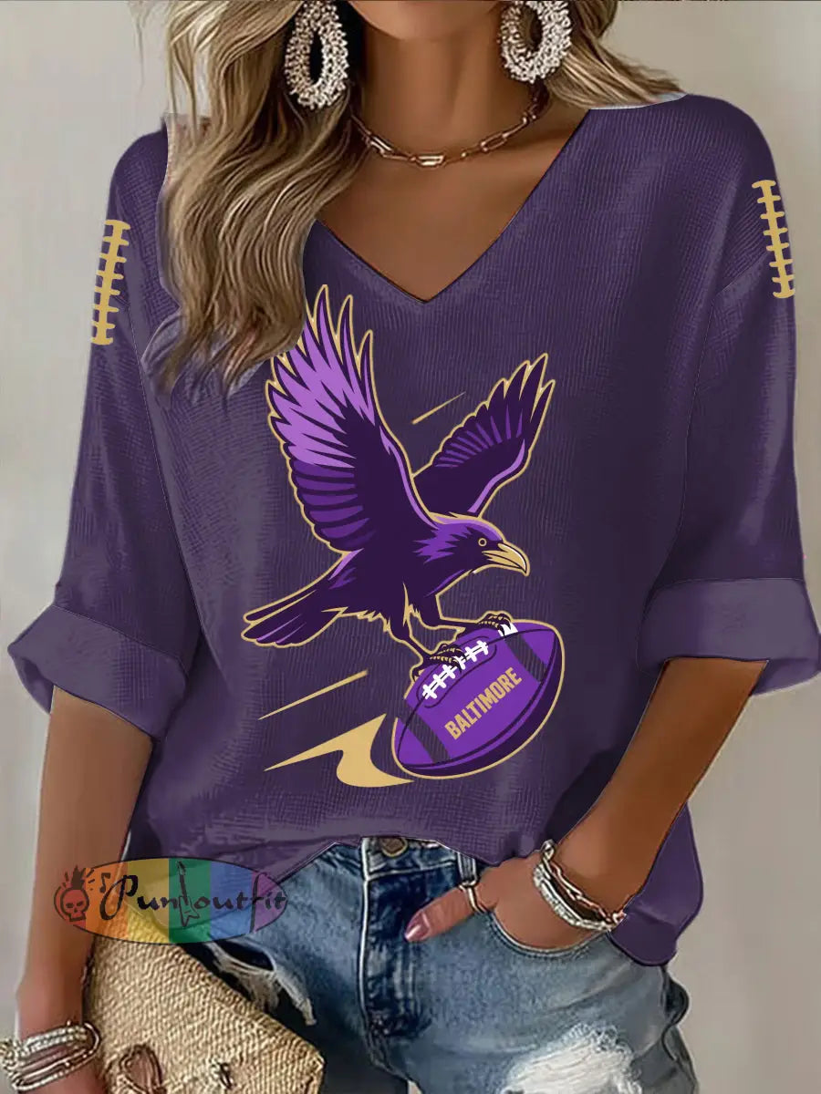 Vintage Baltimore Ravens Football Print Casual Cotton Waffle Long Sleeve T Shirt Purple / S