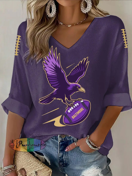 Vintage Baltimore Ravens Football Print Casual Cotton Waffle Long Sleeve T Shirt Purple / S