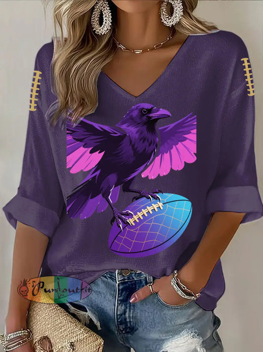 Vintage Baltimore Ravens Football Print Casual Cotton Waffle Long Sleeve T Shirt Purple / S