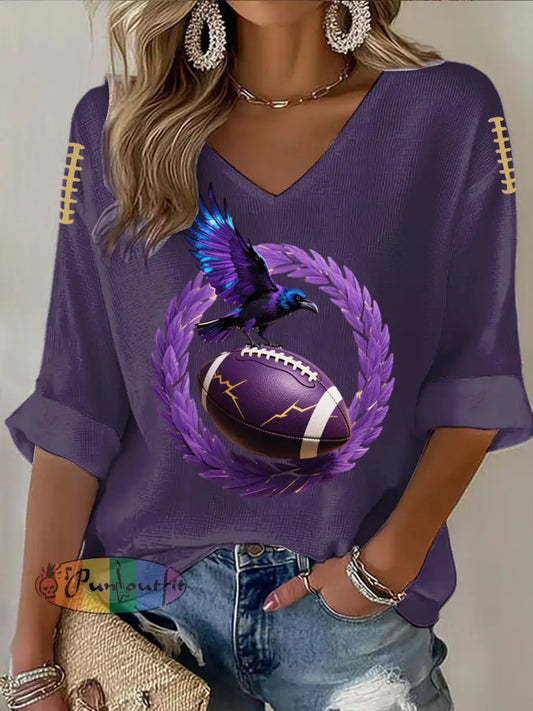 Vintage Baltimore Ravens Football Print Casual Cotton Waffle Long Sleeve T Shirt Purple / S