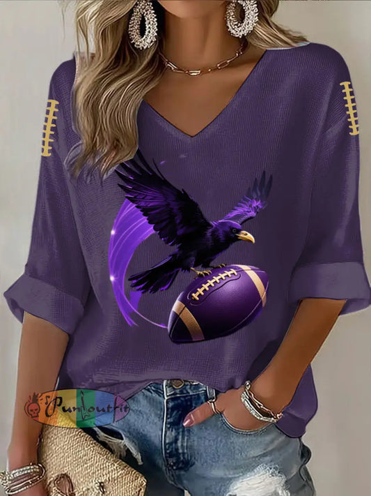 Vintage Baltimore Ravens Football Print Casual Cotton Waffle Long Sleeve T Shirt Purple / S