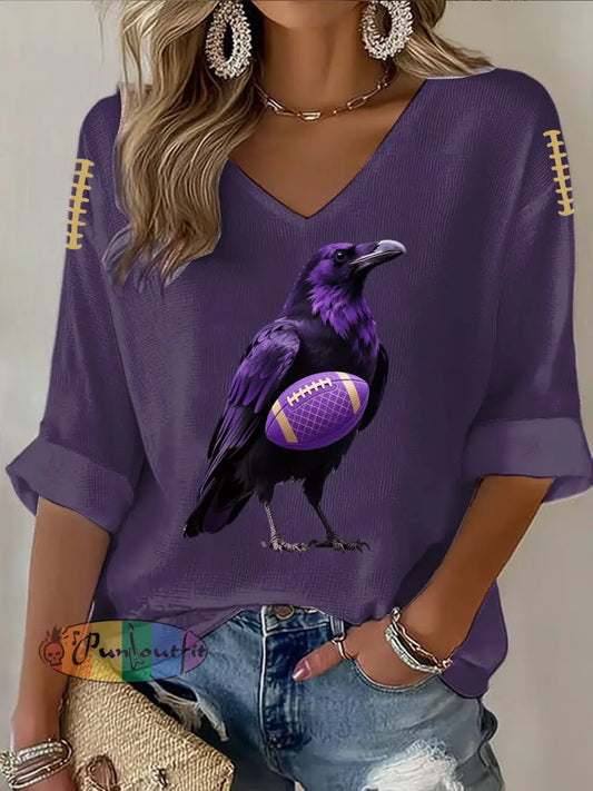 Vintage Baltimore Ravens Football Print Casual Cotton Waffle Long Sleeve T Shirt Purple / S