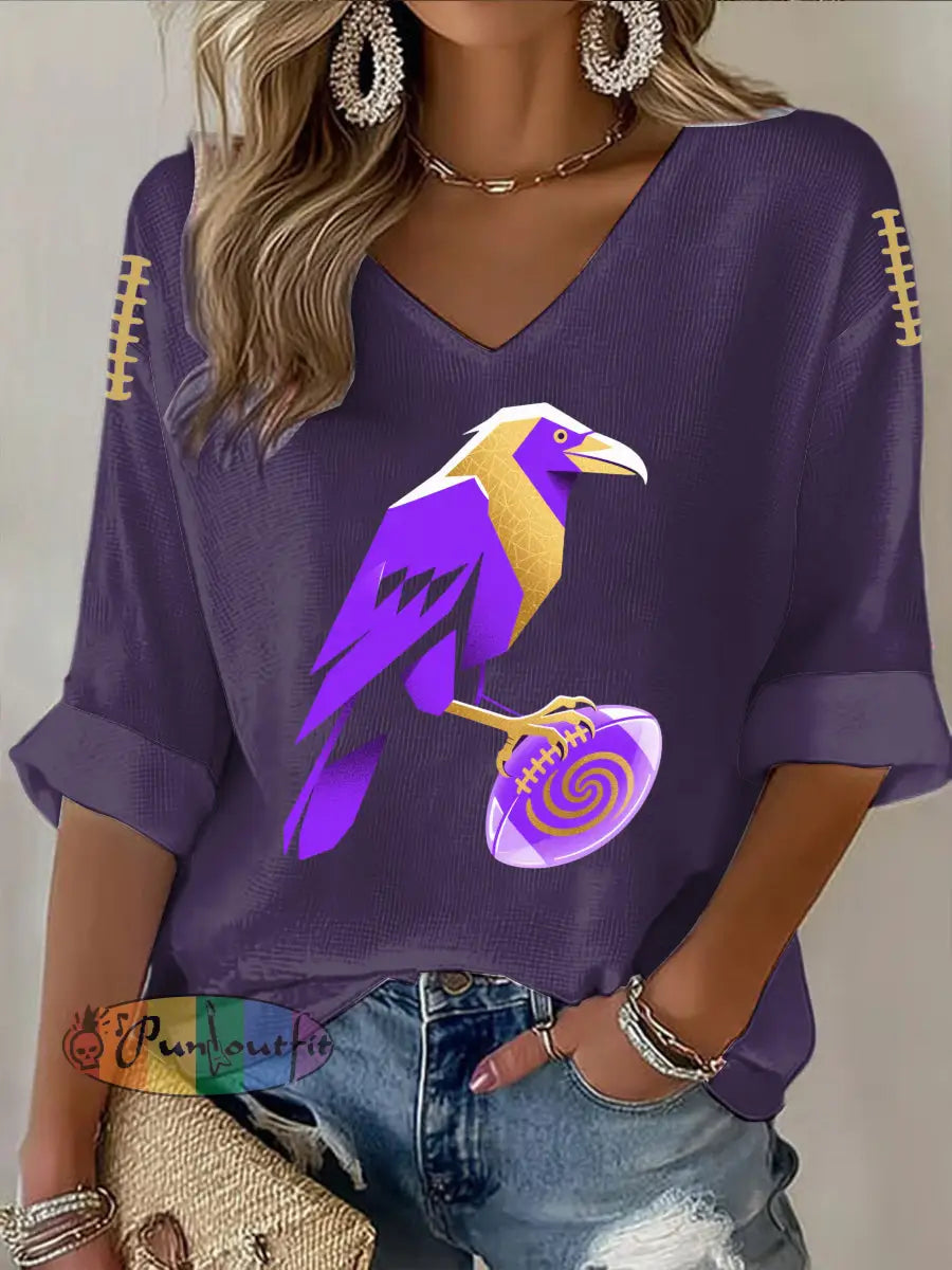 Vintage Baltimore Ravens Football Print Casual Cotton Waffle Long Sleeve T Shirt Purple / S