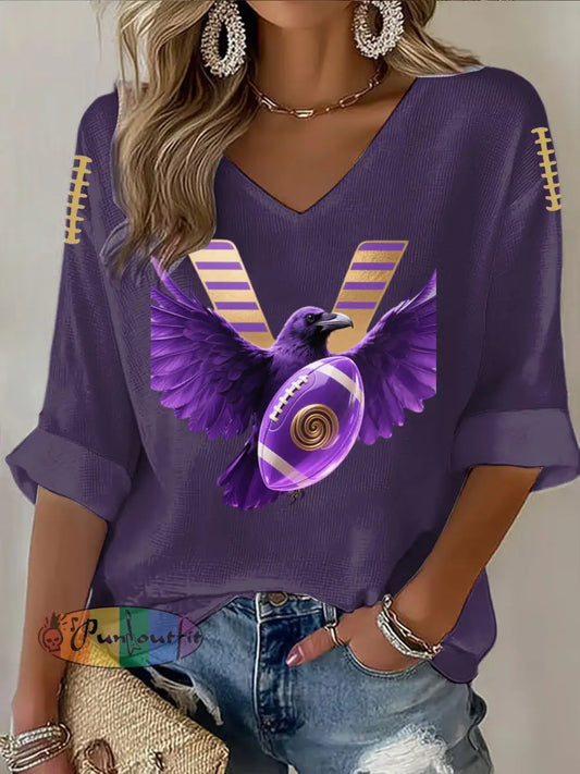 Vintage Baltimore Ravens Football Print Casual Cotton Waffle Long Sleeve T Shirt Purple / S