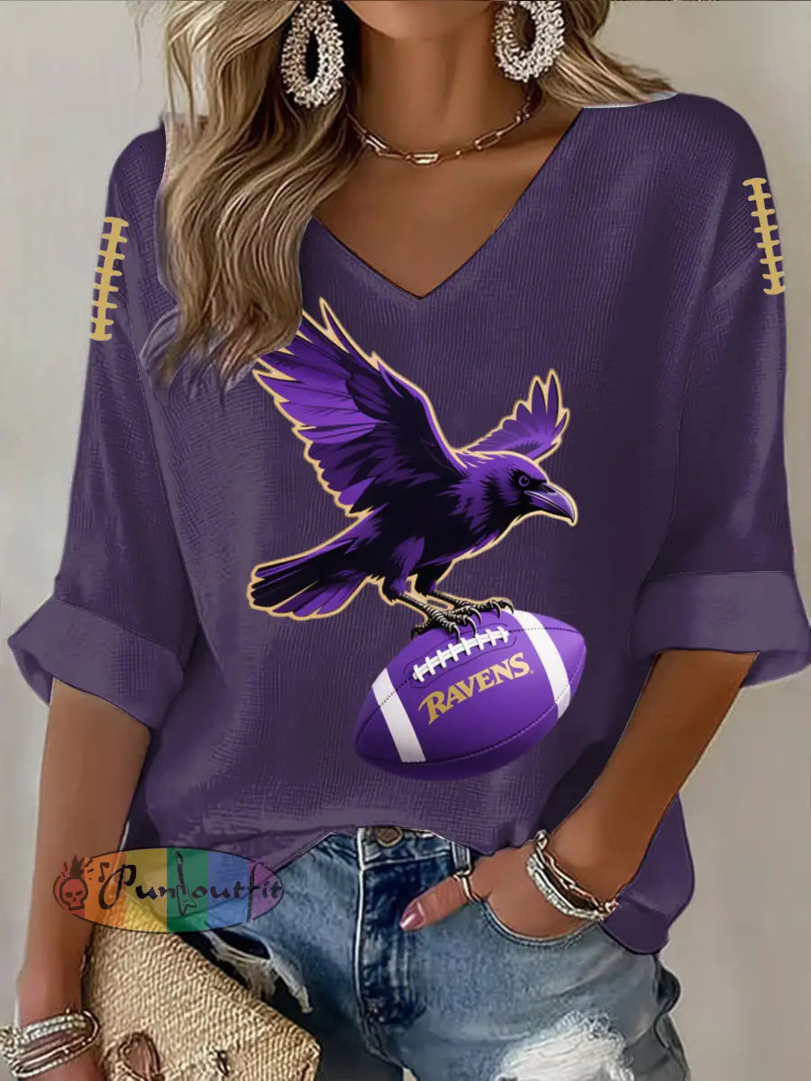 Vintage Baltimore Ravens Football Print Casual Cotton Waffle Long Sleeve T Shirt Purple / S