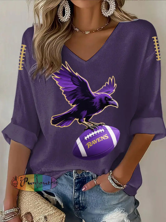 Vintage Baltimore Ravens Football Print Casual Cotton Waffle Long Sleeve T Shirt Purple / S