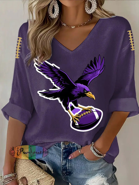 Vintage Baltimore Ravens Football Print Casual Cotton Waffle Long Sleeve T Shirt Purple / S