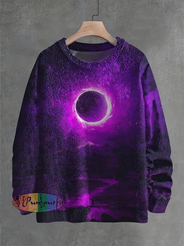 Vintage Black Sun Art Print Casual Knit Pullover Sweater Purple / S