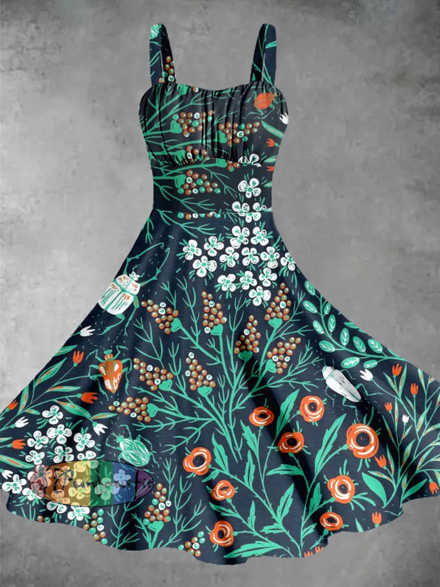 Vintage Bohemian Floral Print Sleeveless Midi Dress Colorful / S
