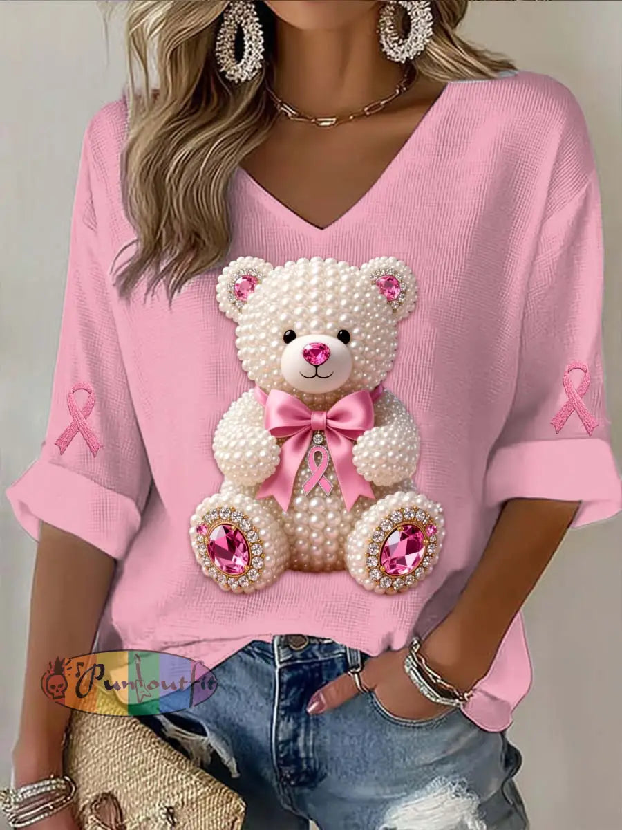 Vintage Breast Cancer Bear Pearls Abstract Print Casual Cotton Long Sleeve T Shirt Dark Pink / S