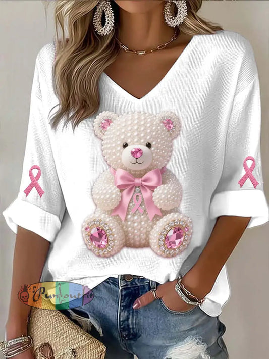 Vintage Breast Cancer Bear Pearls Abstract Print Casual Cotton Long Sleeve T Shirt Pink / S