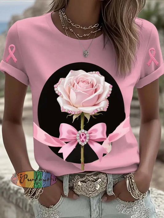 Vintage Breast Cancer Rose Floral Pearls Print Casual Cotton Short Sleeve T Shirt Pink / S