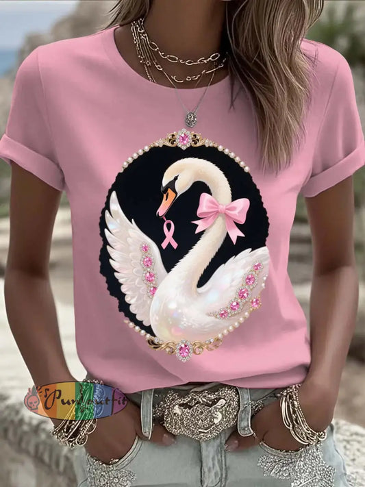 Vintage Breast Cancer Swan Pearls Print Casual Cotton Short Sleeve T Shirt Pink / S