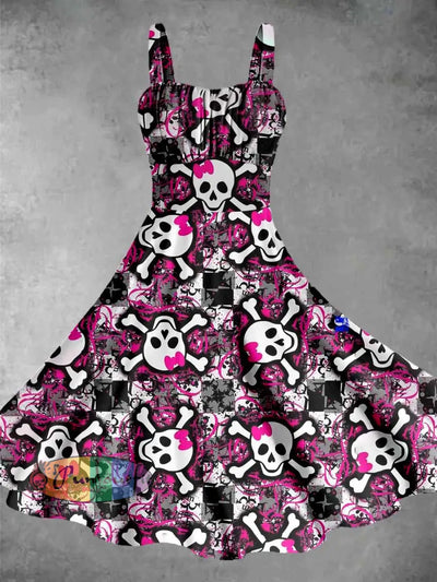 Vintage Cartoon Skull Halloween Print Sleeveless Midi Dress Colorful / S