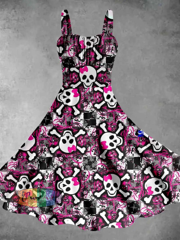 Vintage Cartoon Skull Halloween Print Sleeveless Midi Dress Colorful / S